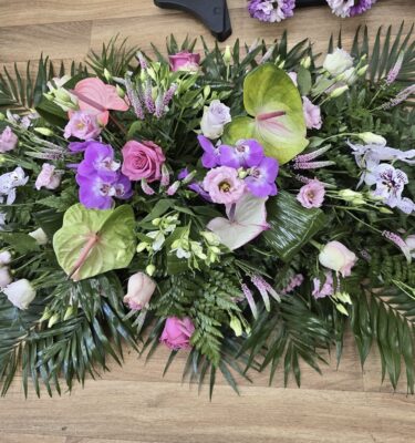 Palm and Anthurium Coffin Top Arrangement - Funeral Spray by Sun Florist & Events