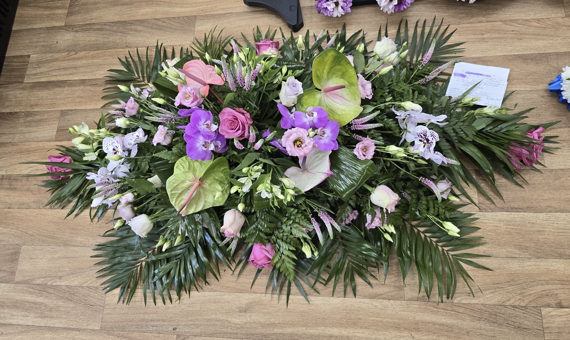 Palm and Anthurium Coffin Top Arrangement - Funeral Spray by Sun Florist & Events
