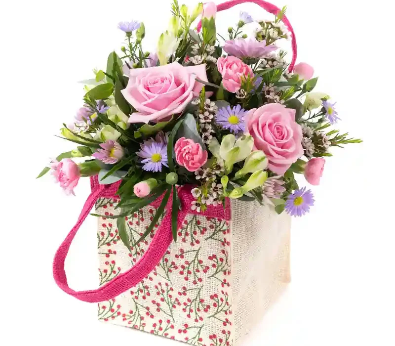 A charming floral arrangement presented in a decorative fabric tote bag with pink handles. The bouquet features soft pink roses, delicate pastel purple daisy-like flowers, petite pink carnations, white freesias, and lush greenery. The tote bag has a cream-colored background adorned with a red berry and green vine pattern, adding a rustic yet elegant touch. This beautifully arranged bouquet is perfect for Mother’s Day, expressing love and appreciation with a fresh and vibrant selection of flowers.